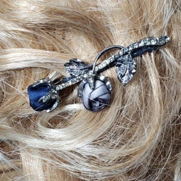 Dark Blue & Gray - Petite Silk Roses Hair Barrette - Hair Clip - Picture 1 of 9